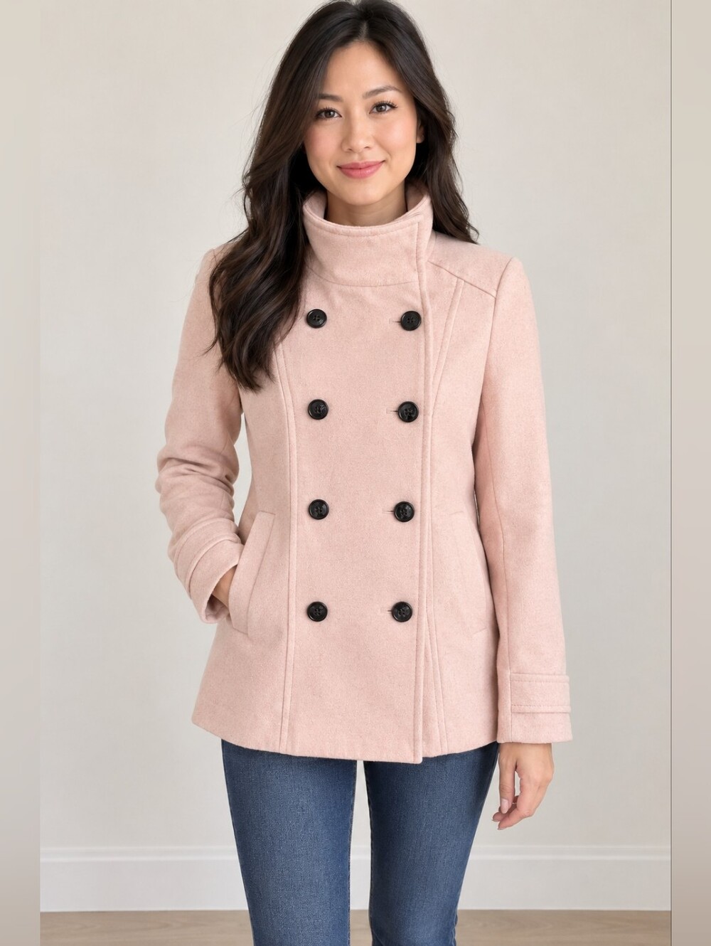 H&M Blush Pink Double-Breasted Peacoat Jacket – Convertible Collar